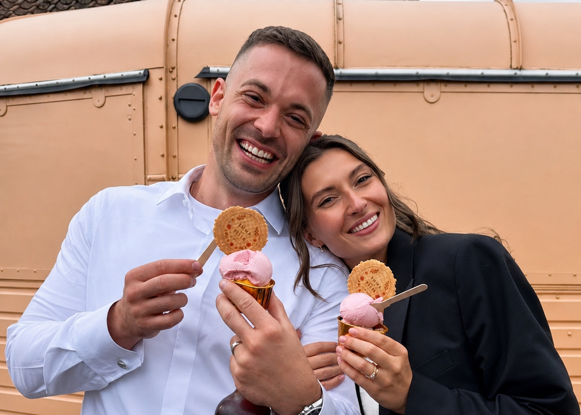 A smiling man in a white shirt and a woman in a wedding dress covered by a black blazer pose together outdoors in front of a beige trailer, each holding an ice cream cone topped with a biscuit and a brown bottle.