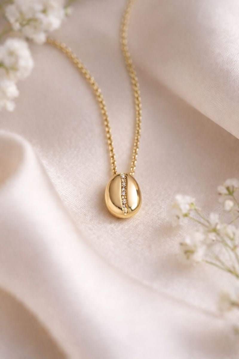 9ct Yellow Gold Coffee Bean Pendant with Cz Stones and Necklace - Koffee & Kream Ltd
