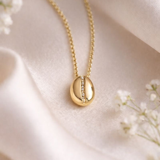 9ct Yellow Gold Coffee Bean Pendant with Cz Stones and Necklace - Koffee & Kream Ltd