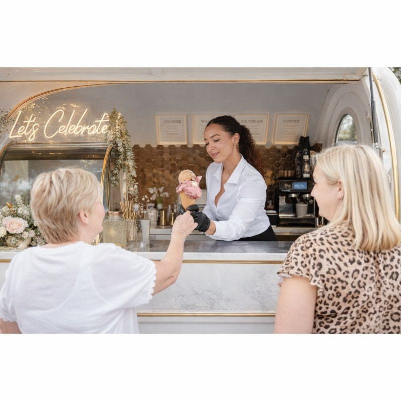 luxury wedding dessert cart hire in yorkshire by koffee and kream serving guests gelato at a leeds wedding reception